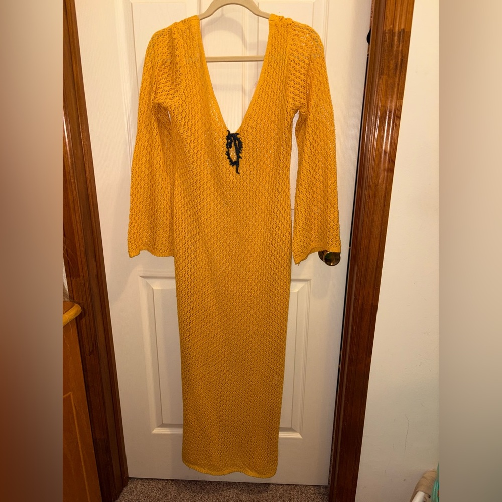 BOBBLES AND LACE BL KNIT Crochet YELLOW Gold DRESS Cover UP SIZE Large